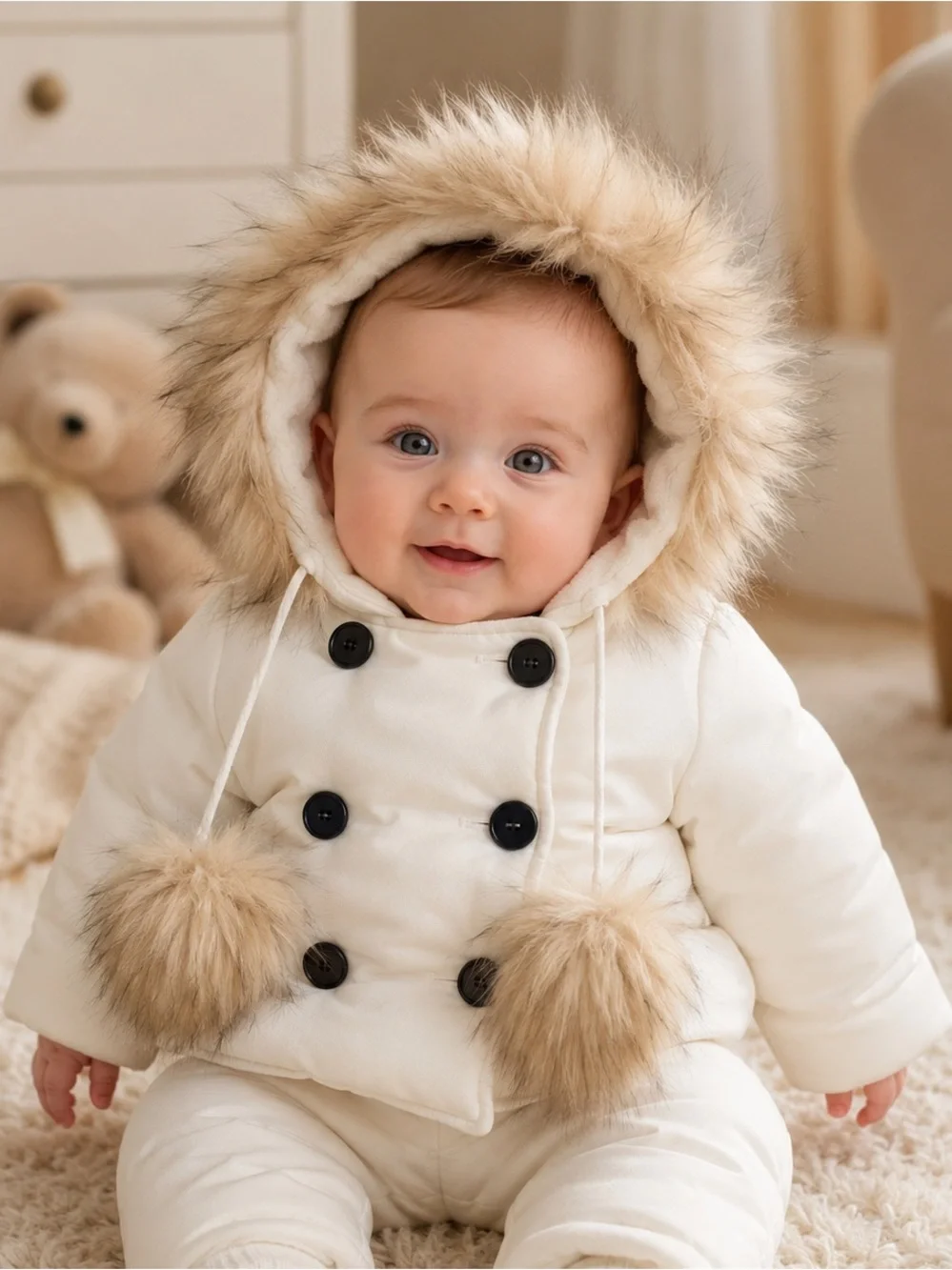 bebe White Plush Hooded Jacket with fur Trim